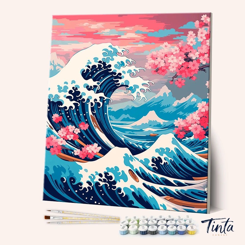 Blossom Waves paint by numbers kit angled view showing bold ocean waves with cherry blossoms and mountain backdrop