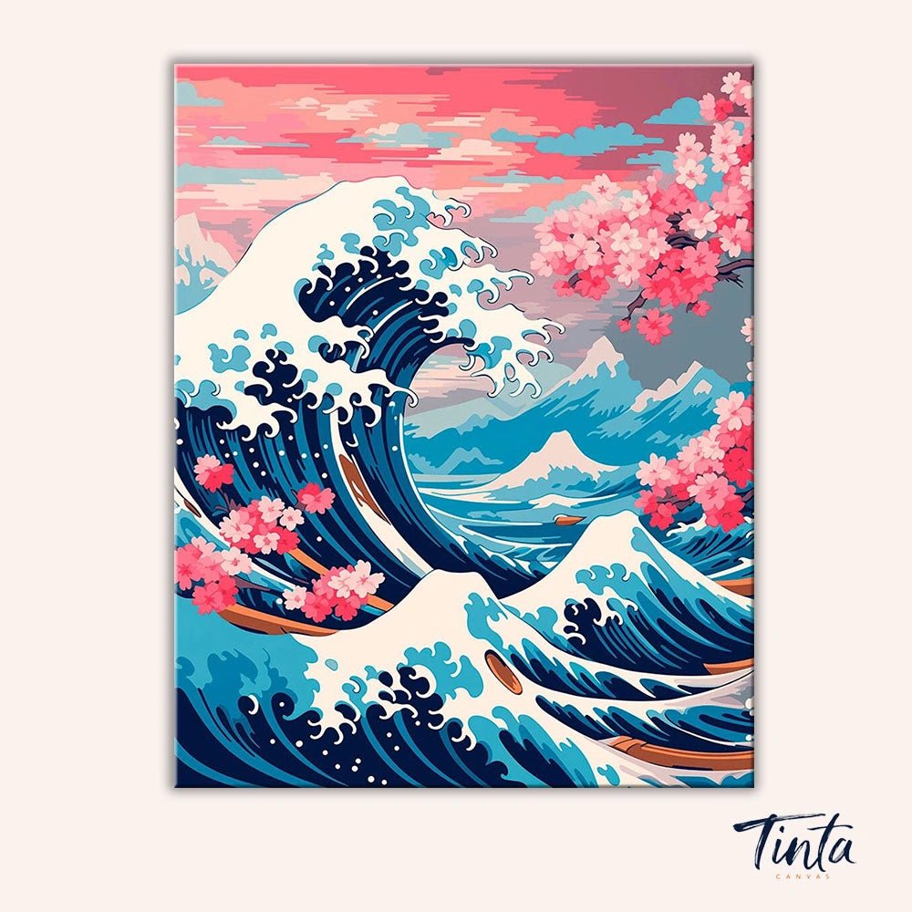 Clean artwork of Blossom Waves paint by numbers kit featuring stylized waves, pink blossoms, and scenic mountains