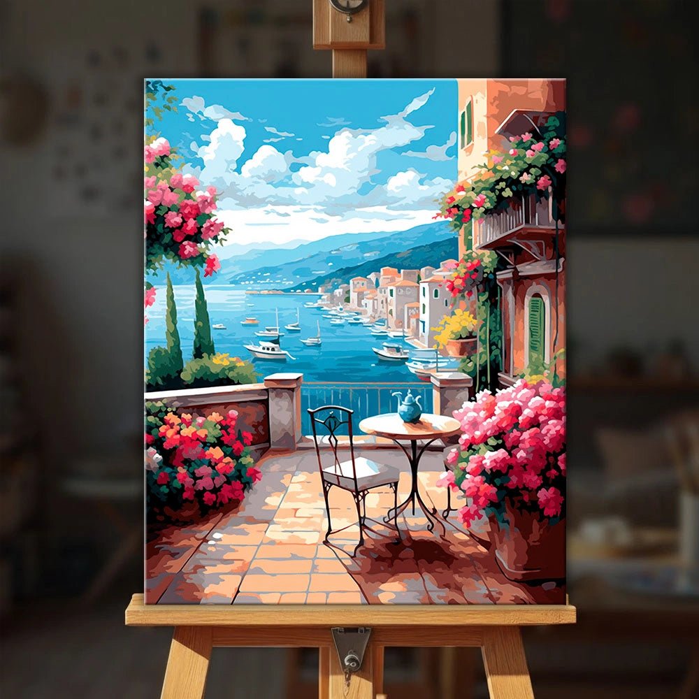 Blossom Waves paint by numbers kit displayed on easel with vibrant wave art and Japanese-inspired landscape