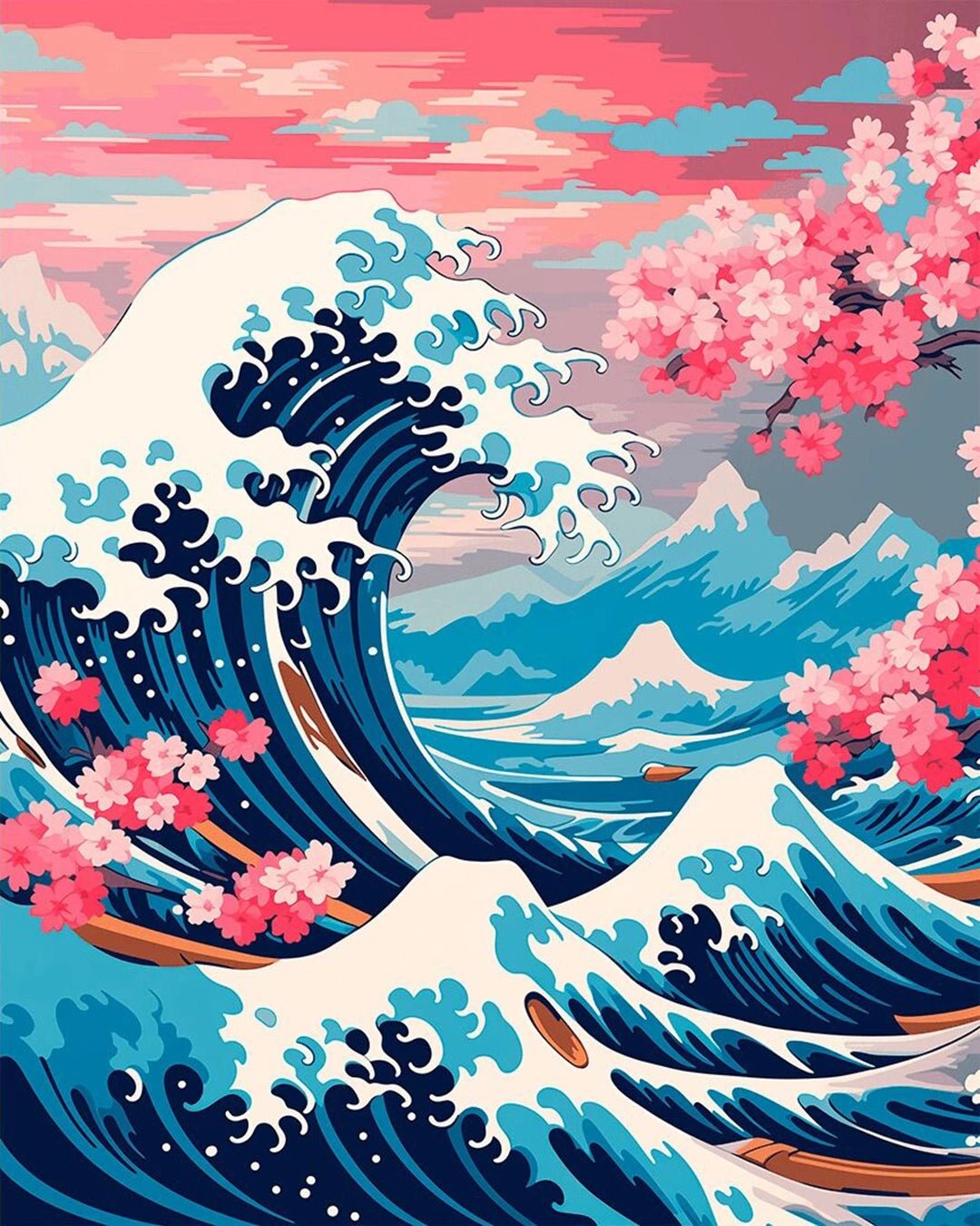 Raw landscape of Blossom Waves paint by numbers kit showing dynamic waves, blossoms, and colorful sky