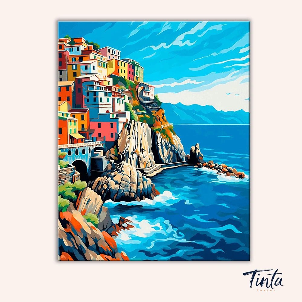 Clean artwork of Blue Harbor Serenity paint by numbers kit featuring blue water, seaside town, and peaceful sky