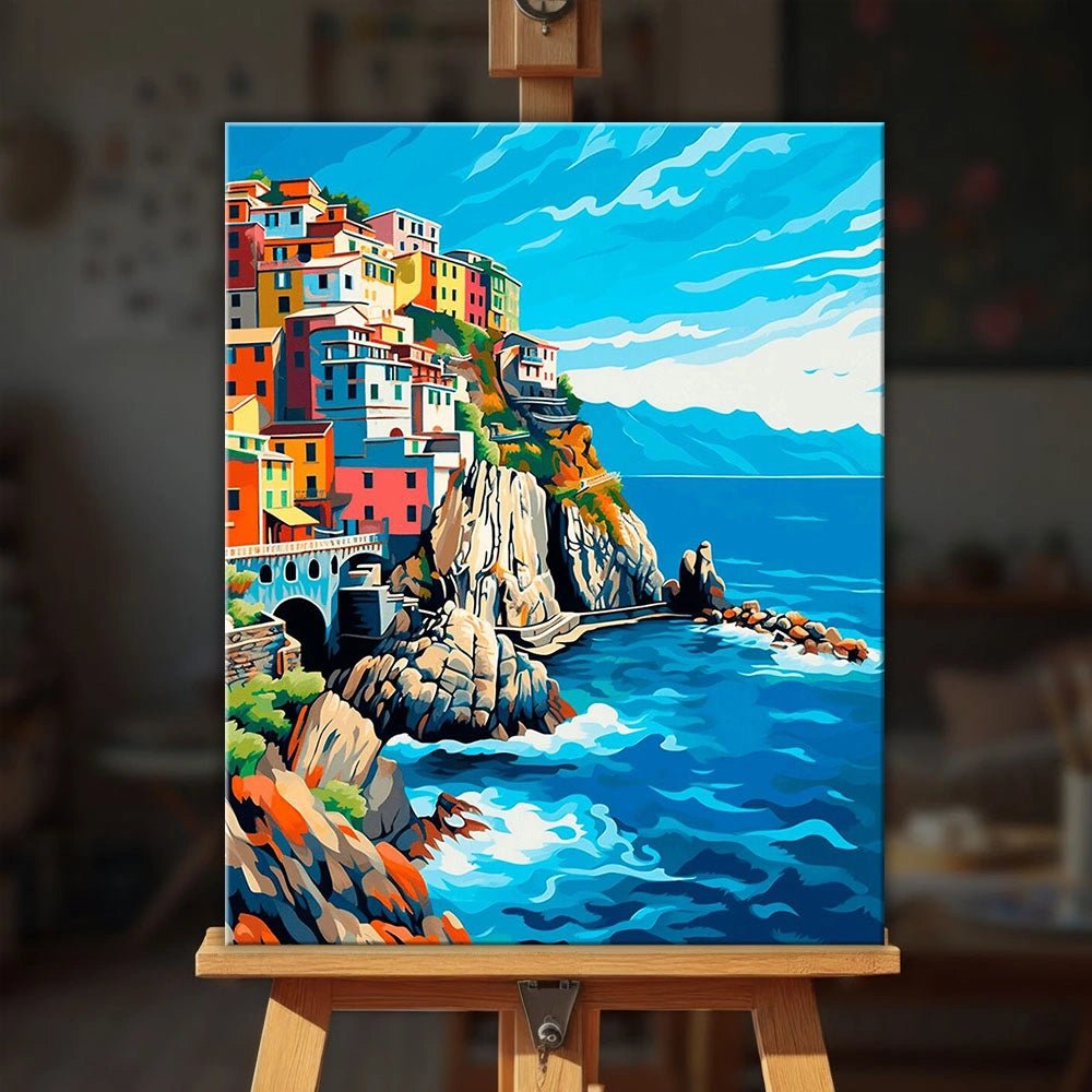 Blue Harbor Serenity paint by numbers kit displayed on easel with serene harbor and relaxing coastal scene