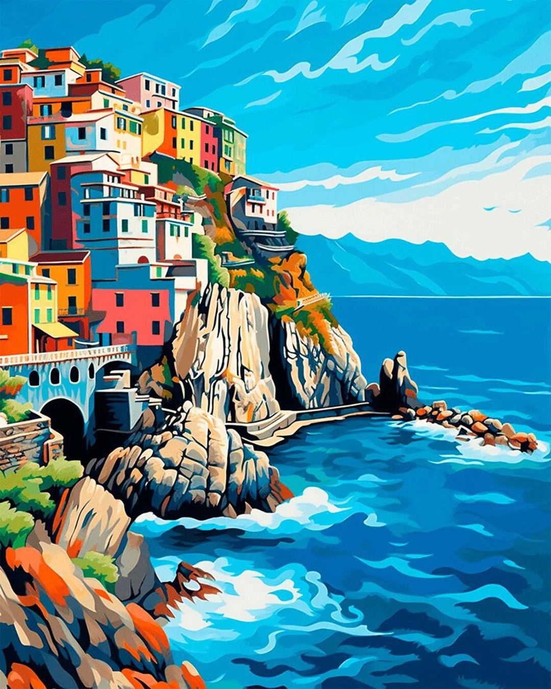 Raw landscape of Blue Harbor Serenity paint by numbers kit showing boats, shoreline, and soft ocean horizon