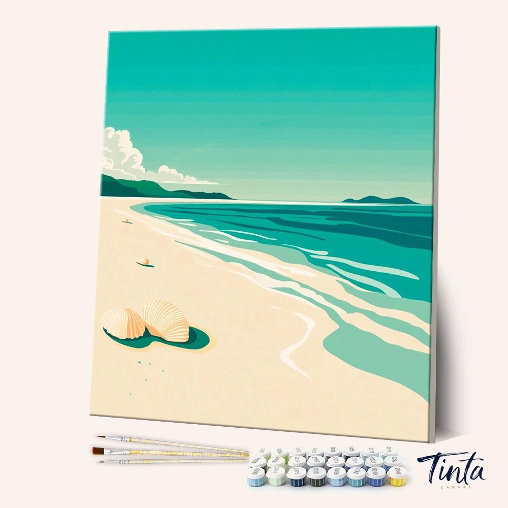 Blue Shoreline paint by numbers kit angled view showing sandy beach with seashells and gentle ocean waves