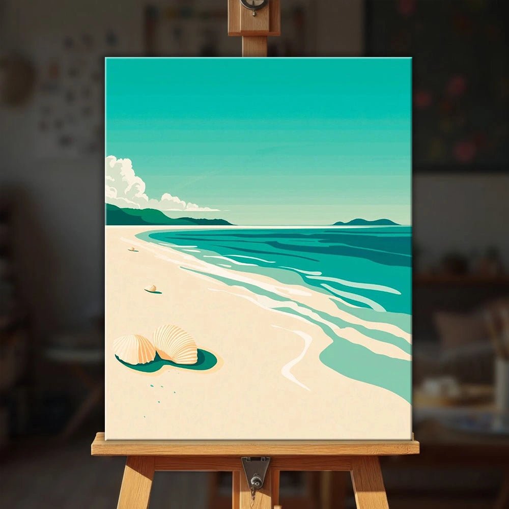 Blue Shoreline paint by numbers kit displayed on easel with calm coastal landscape and peaceful ocean view
