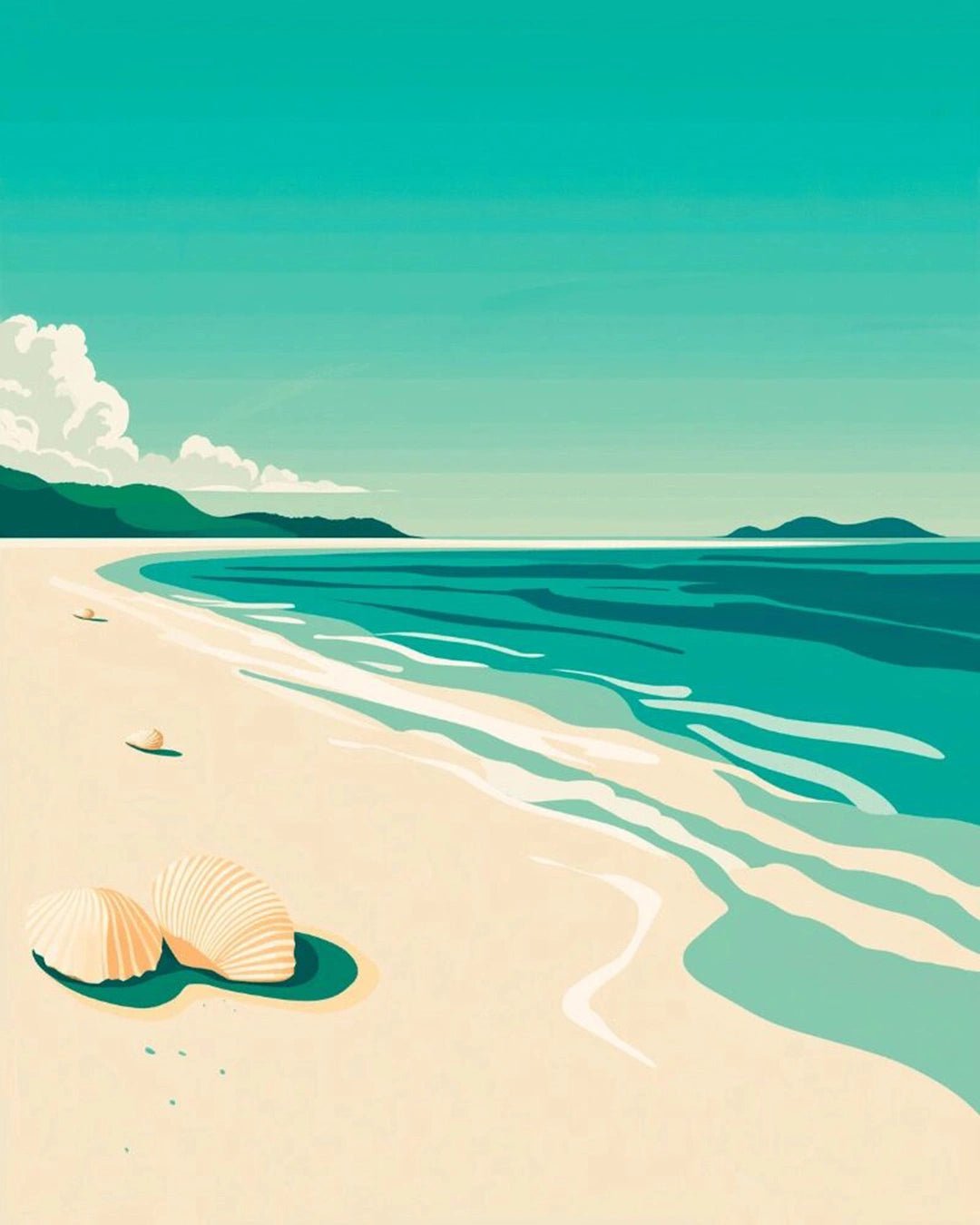 Raw landscape of Blue Shoreline paint by numbers kit showing shoreline curves, seashells, and smooth water patterns