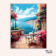 Clean artwork of Blue Sky Harbor paint by numbers kit featuring blue sea, harbor boats, and colorful buildings