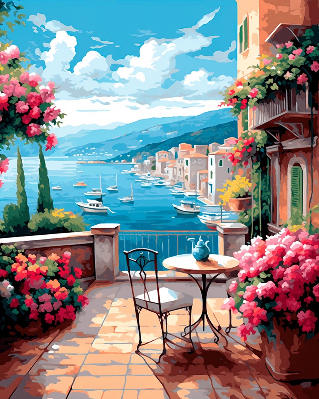 Raw landscape of Blue Sky Harbor paint by numbers kit showing harbor, flowers, terrace, and bright sky