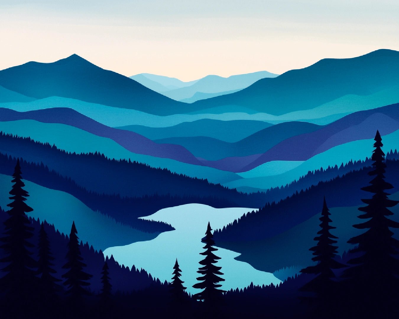 Paint by numbers canvas featuring a calm blue valley landscape with trees, hills, and flowing river