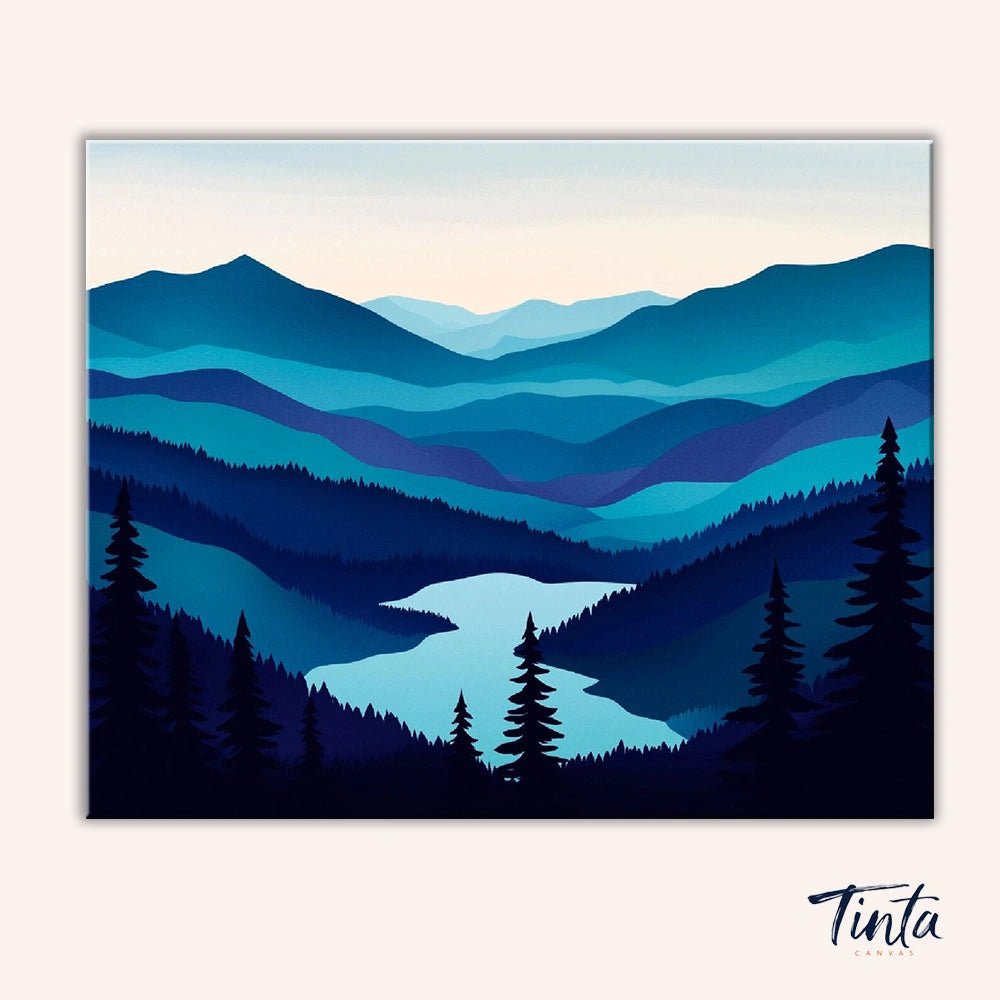 Clean artwork of Blue Valley Stillness paint by numbers kit showing serene blue mountain landscape with river and pine trees by Tinta Canvas