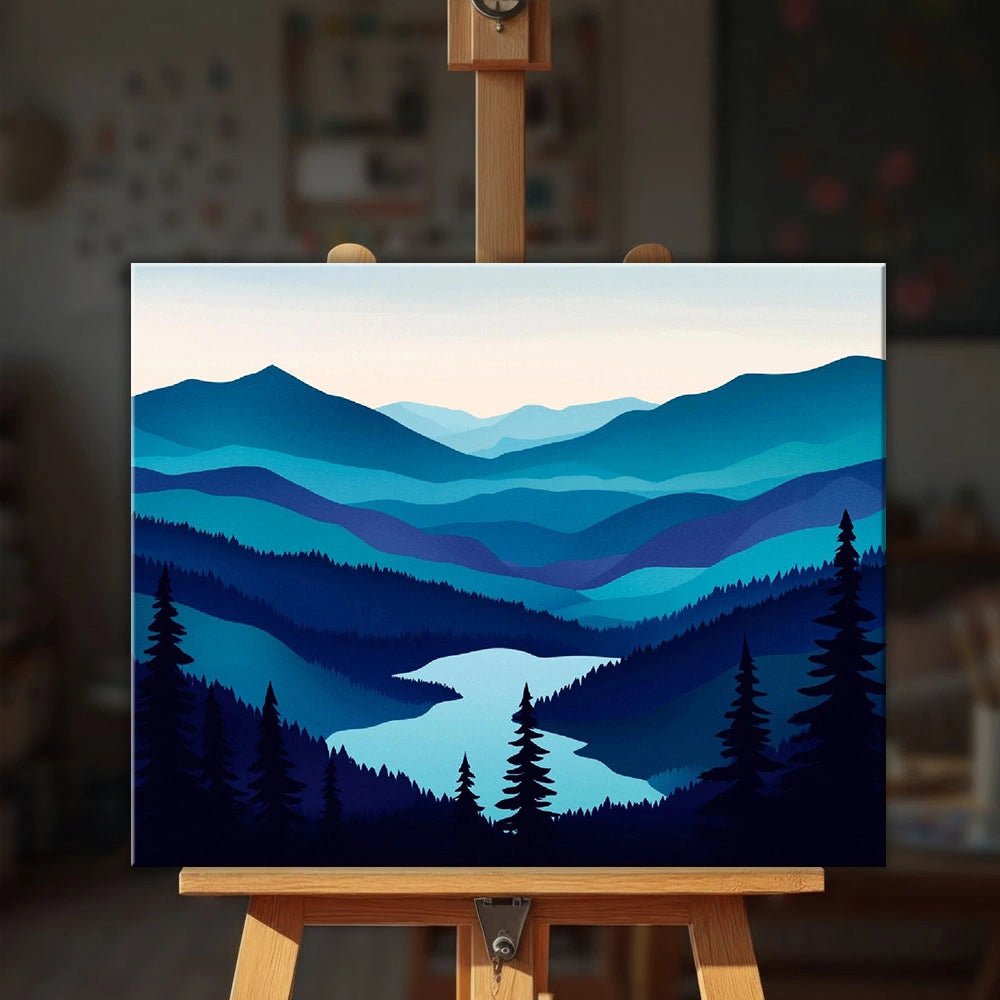 Blue Valley Stillness paint by numbers kit displayed on easel in modern interior setting by Tinta Canvas