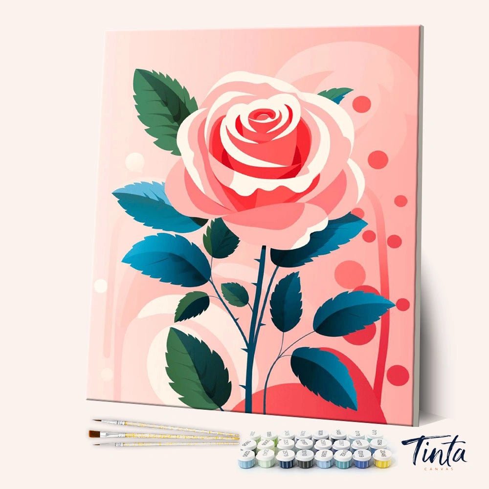 Blush Bloom Rose paint by numbers kit angled view showing soft pink rose with elegant leaves and design