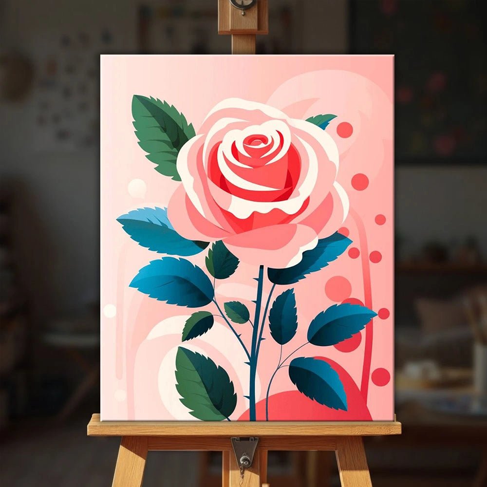 Blush Bloom Rose paint by numbers kit displayed on easel with modern floral rose artwork