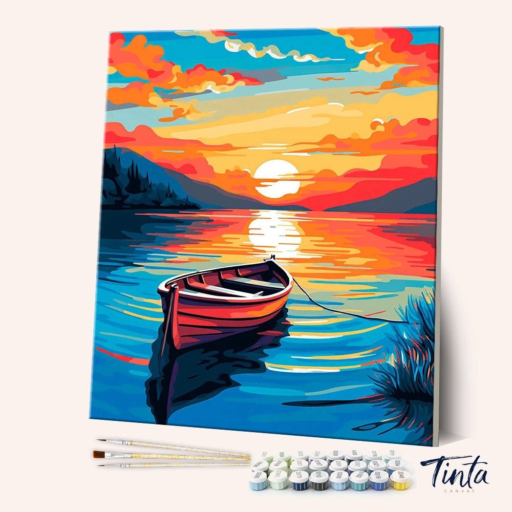 Boat at Rest paint by numbers kit angled view showing calm water with small boat under soft colorful sky