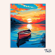 Clean artwork of Boat at Rest paint by numbers kit featuring peaceful ocean, clouds, and gentle reflections