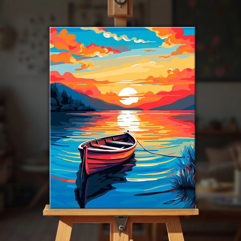 Boat at Rest paint by numbers kit displayed on easel with serene coastal scene and relaxing atmosphere