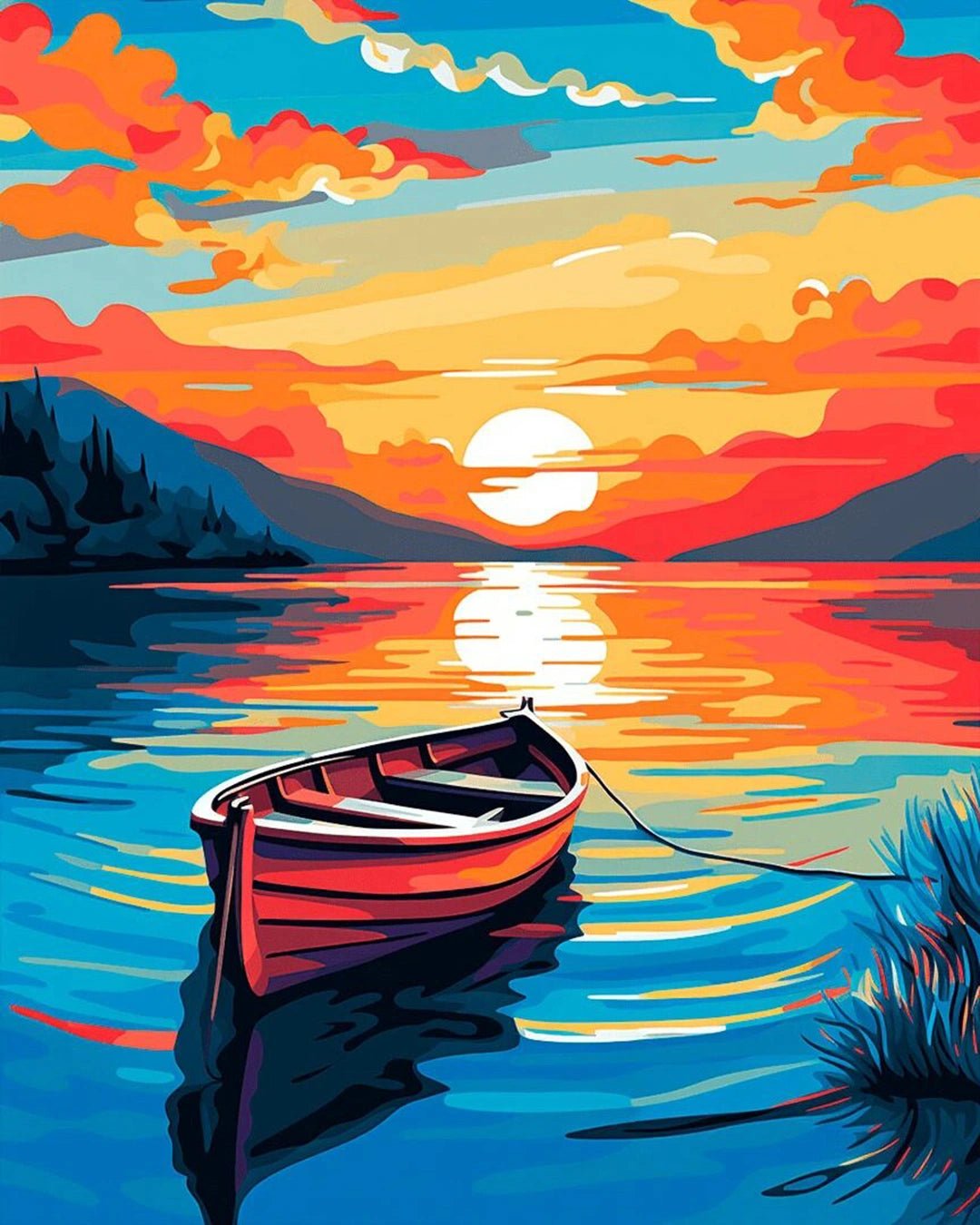 Raw landscape of Boat at Rest paint by numbers kit showing still water, sky colors, and quiet boat scene