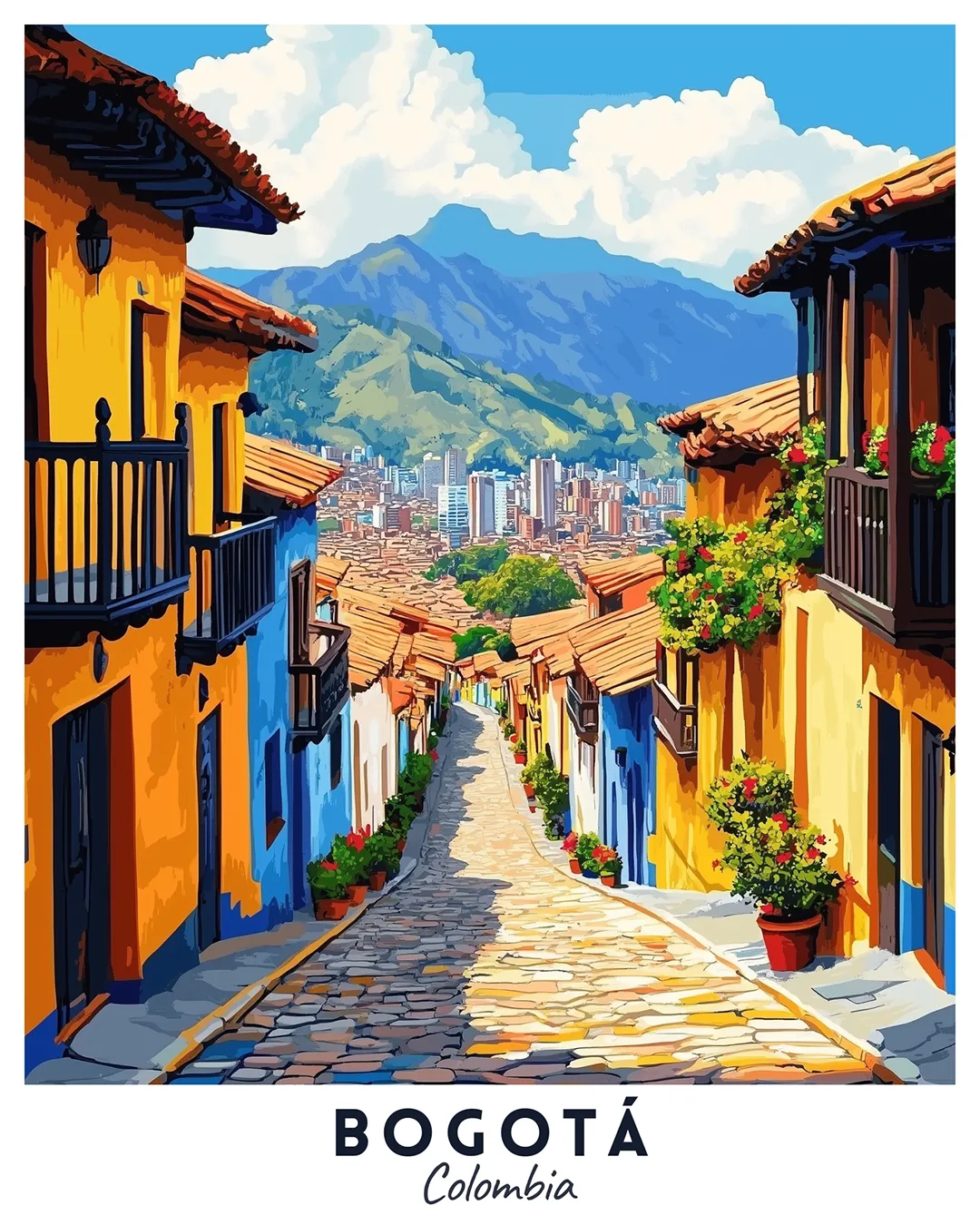 Bogotá Colombia Travel Poster Paint by Numbers Kit featuring hillside street, vibrant houses, city skyline, and Andean mountains