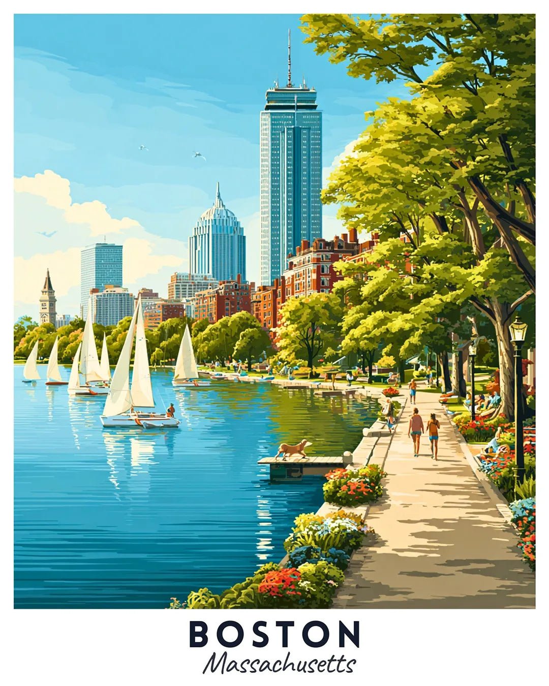 Boston Massachusetts Travel Poster Paint by Numbers Kit featuring Charles River, sailboats, riverside path, and urban skyline