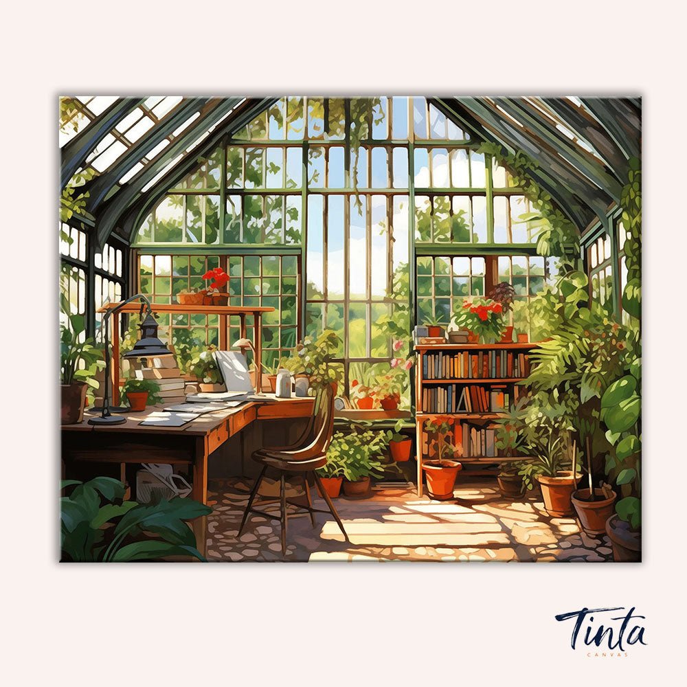 Clean artwork version of Botanical Study Paint by Numbers Kit featuring detailed greenhouse scene paint by numbers kit by Tinta Canvas