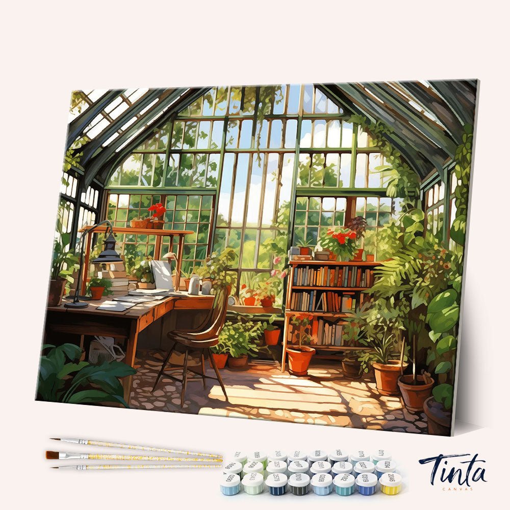 Angled display view of Botanical Study Paint by Numbers Kit showing greenhouse artwork paint by numbers kit by Tinta Canvas