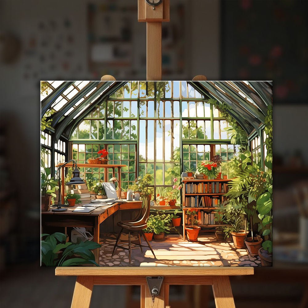 Botanical Study Paint by Numbers Kit shown on easel in cozy interior setting paint by numbers kit by Tinta Canvas