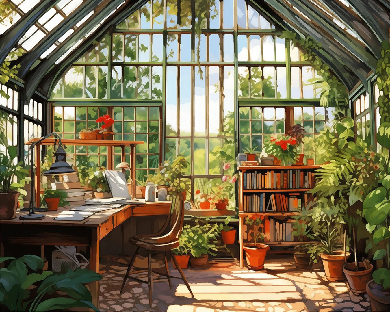 Full raw landscape image of Botanical Study Paint by Numbers Kit with sunlit botanical studio paint by numbers kit by Tinta Canvas