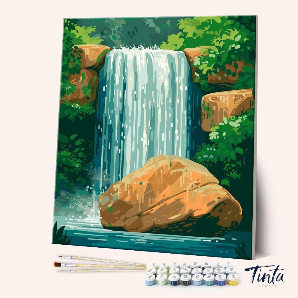 Boulder Falls paint by numbers kit angled view showing flowing water around large rocks in natural setting