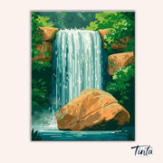 Clean artwork of Boulder Falls paint by numbers kit featuring waterfall, boulders, and lush green surroundings