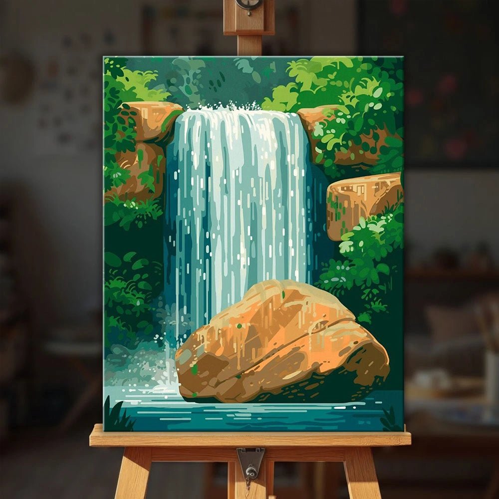 Boulder Falls paint by numbers kit displayed on easel with peaceful waterfall and nature landscape scene