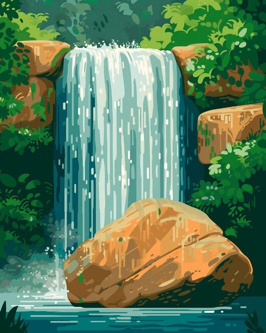 Raw landscape of Boulder Falls paint by numbers kit showing rocks, water flow, and soft reflections