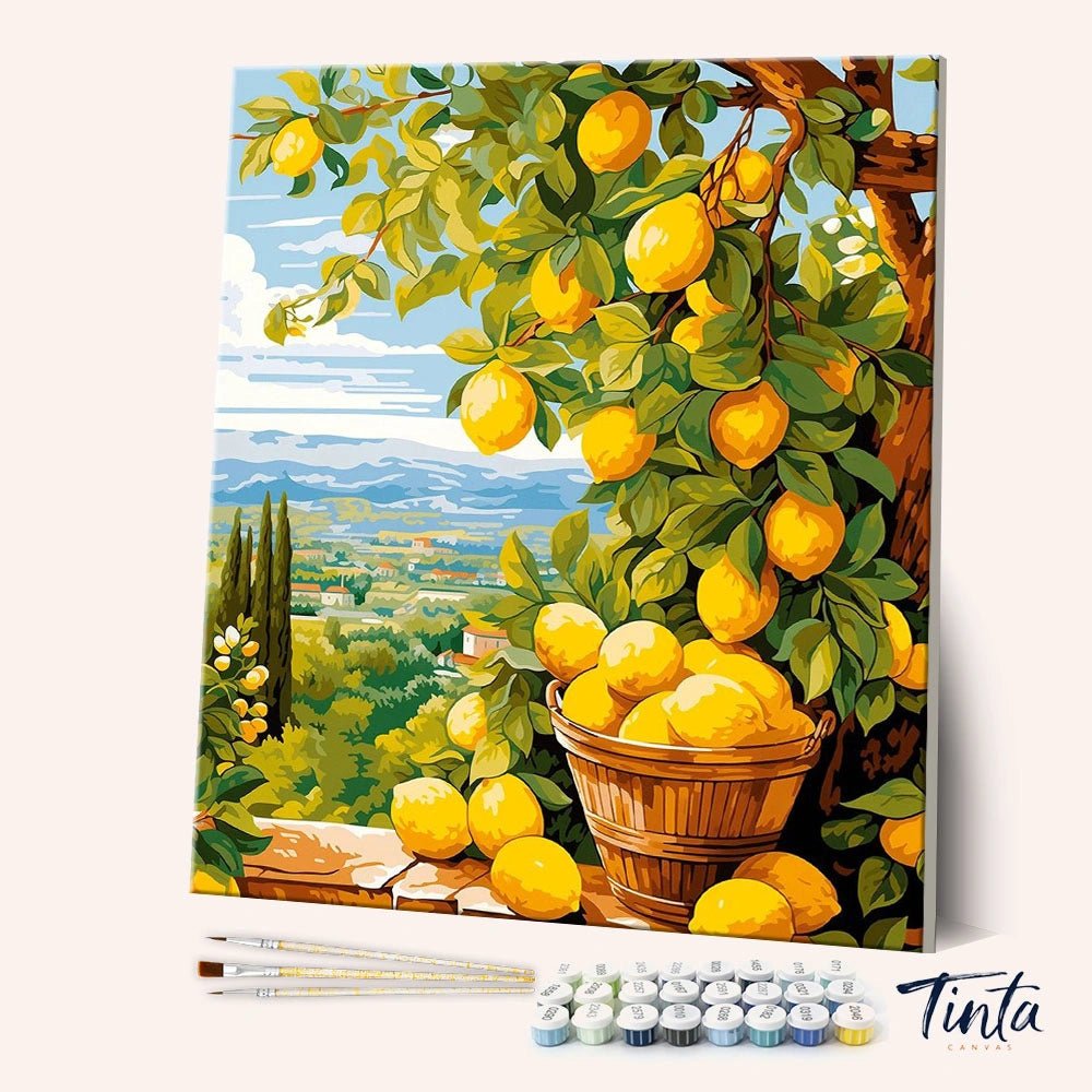 Bounty Lemons paint by numbers kit angled view showing lemon tree with ripe fruit and basket in sunny countryside