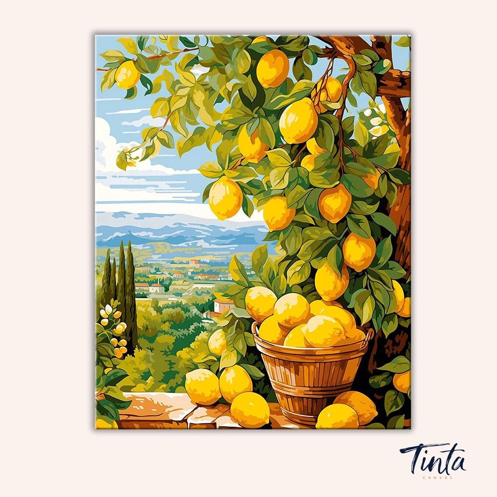 Clean artwork of Bounty Lemons paint by numbers kit featuring bright lemons, leaves, and scenic landscape view