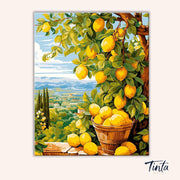 Clean artwork of Bounty Lemons paint by numbers kit featuring bright lemons, leaves, and scenic landscape view
