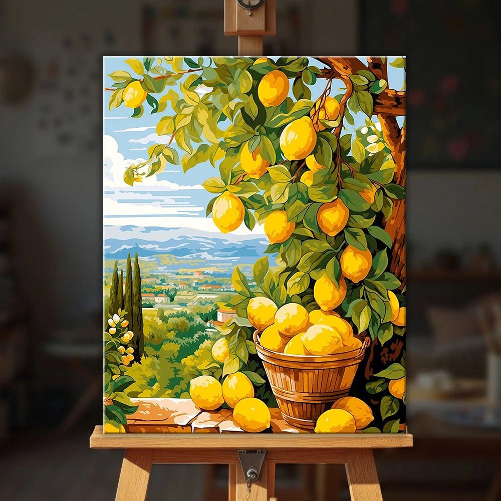 Bounty Lemons paint by numbers kit displayed on easel with vibrant citrus tree and Mediterranean-style setting