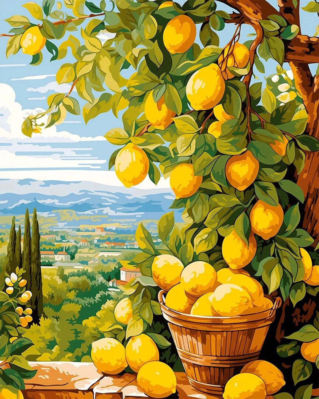 Raw landscape of Bounty Lemons paint by numbers kit showing lemons, basket, greenery, and distant countryside
