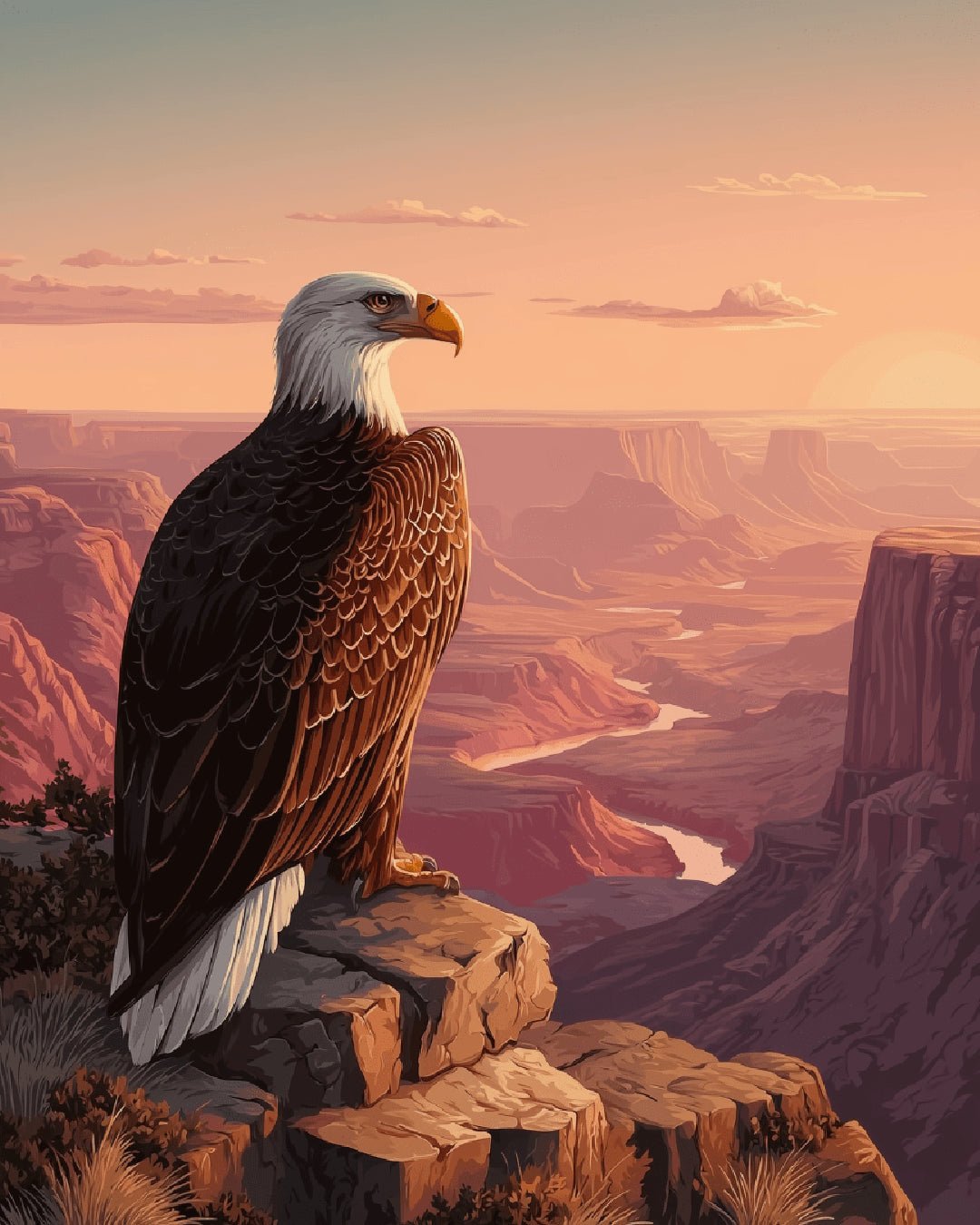 Above It All paint by numbers kit featuring a bald eagle standing on a canyon cliff at golden hour