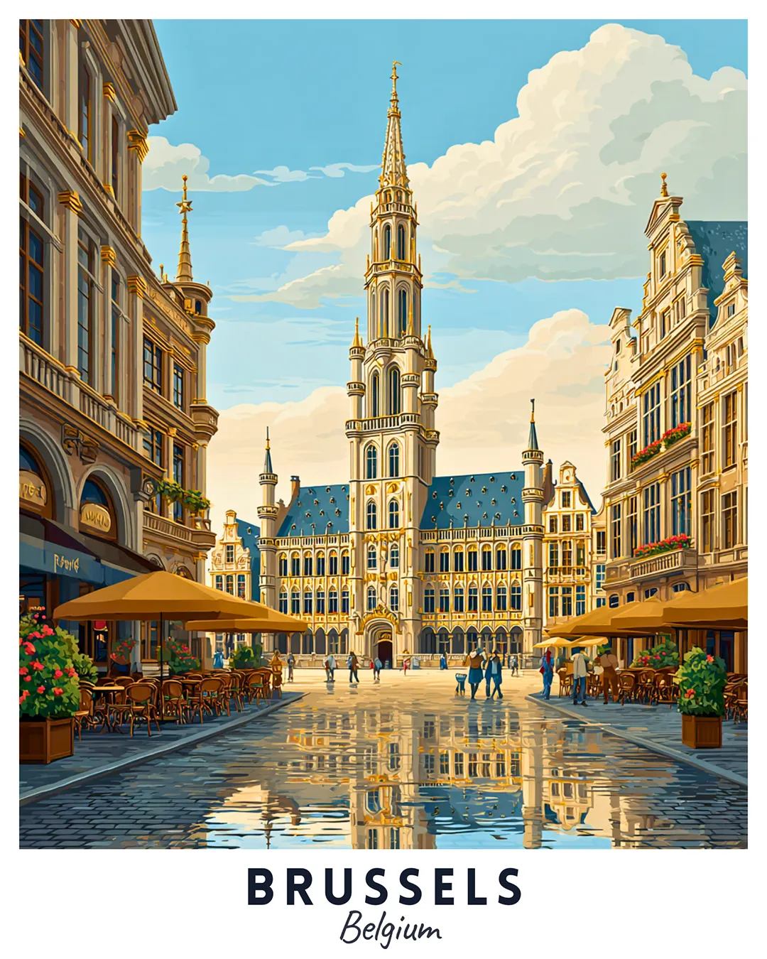 Brussels Belgium Travel Poster Paint by Numbers Kit featuring Grand Place square, historic façades, and cobblestone street