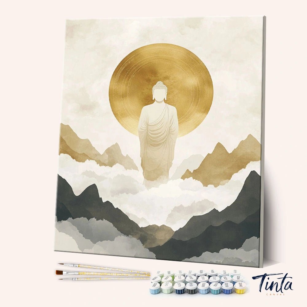 Buddhas Mountains paint by numbers kit angled view showing serene Buddha with golden halo above misty mountains