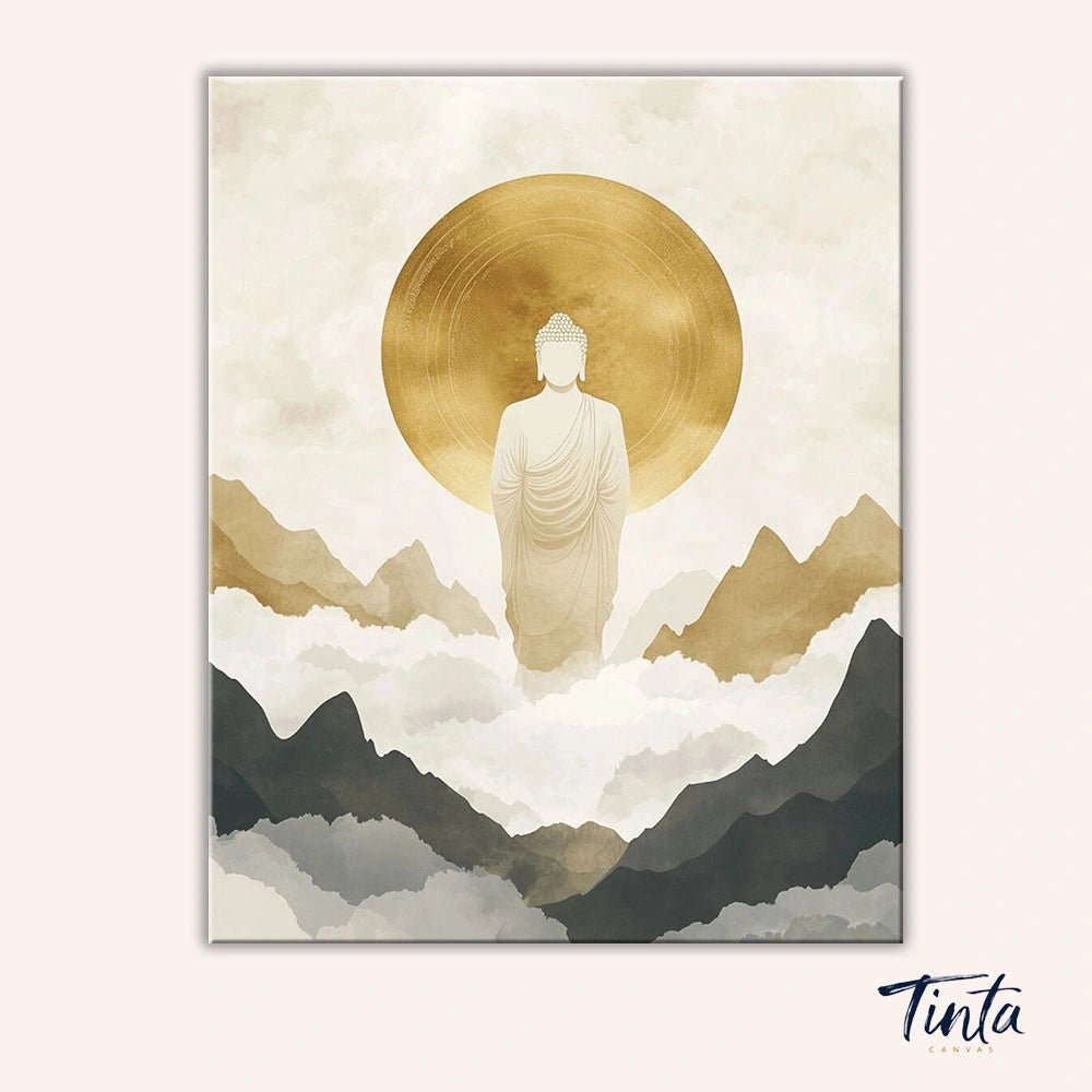 Clean artwork of Buddhas Mountains paint by numbers kit featuring layered mountains, clouds, and calm spiritual tones