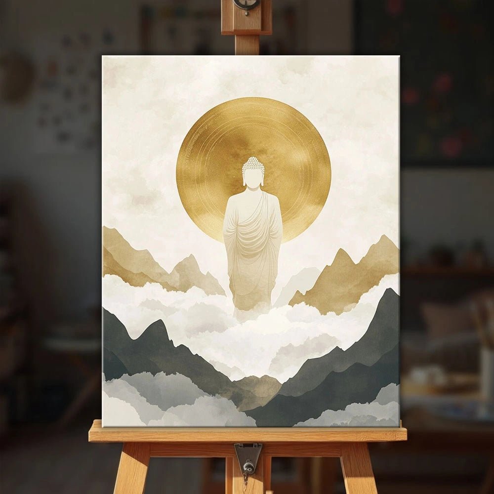Buddhas Mountains paint by numbers kit displayed on easel with peaceful Buddha and minimalist mountain scene