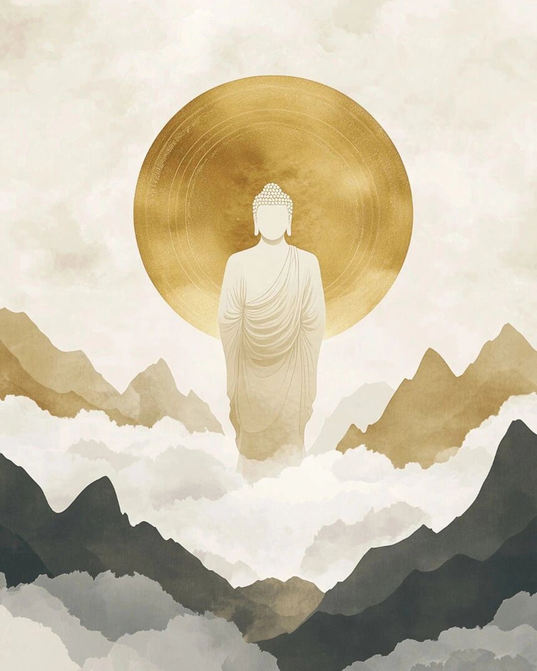 Raw landscape of Buddhas Mountains paint by numbers kit showing misty peaks, soft clouds, and golden circular halo