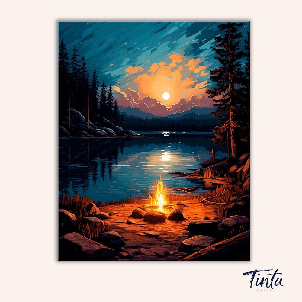 Clean artwork of the Campfire Reflections paint by numbers kit featuring a lakeside campfire under a glowing sunset sky by Tinta Canvas