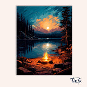 Clean artwork of the Campfire Reflections paint by numbers kit featuring a lakeside campfire under a glowing sunset sky by Tinta Canvas