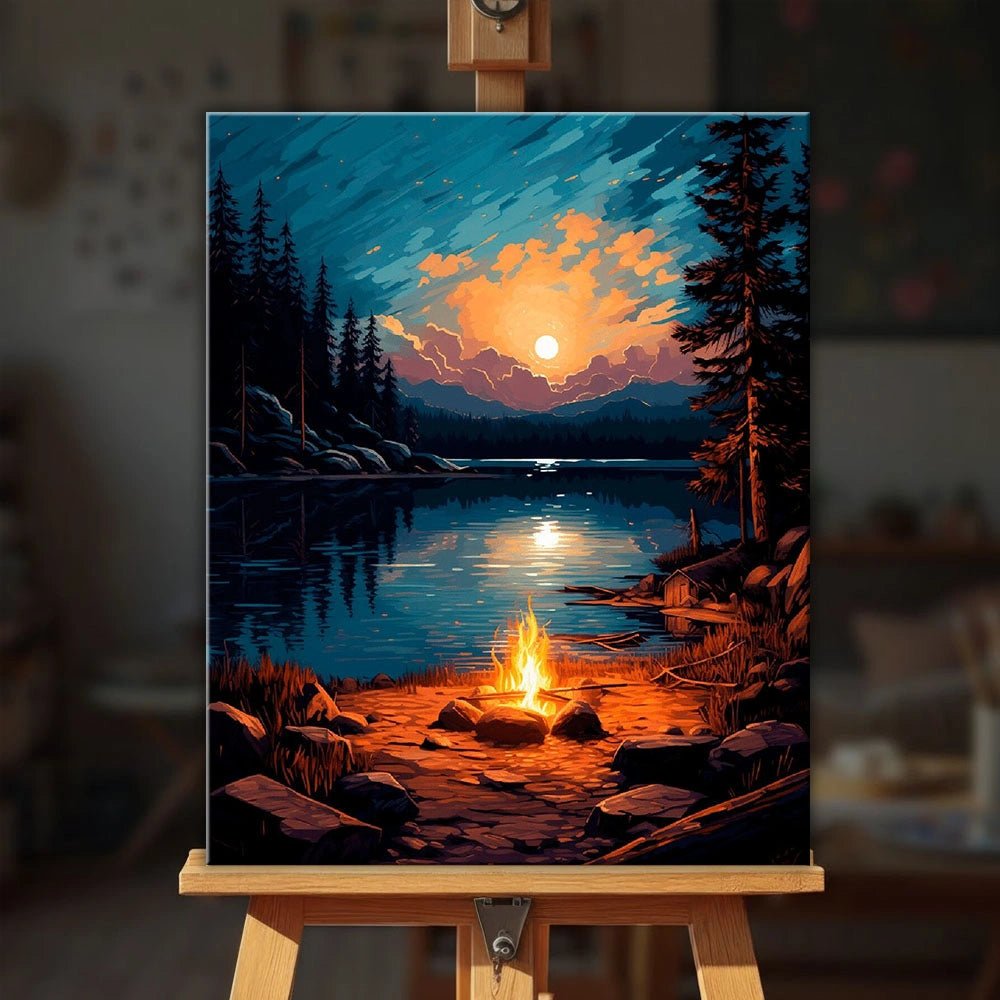 Campfire Reflections paint by numbers kit displayed on an easel showing a peaceful fire beside a reflective lake at dusk by Tinta Canvas