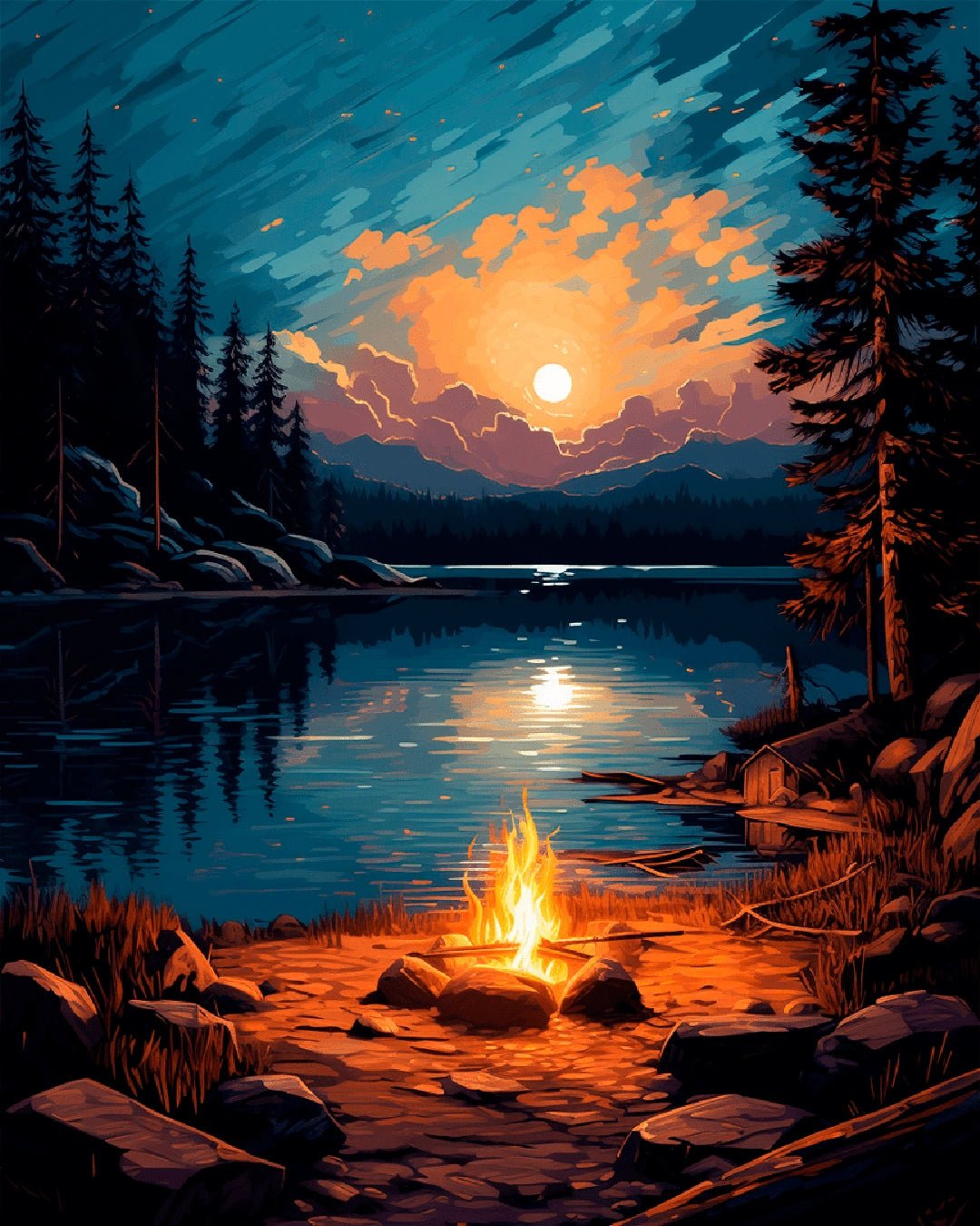Raw artwork from the Campfire Reflections paint by numbers kit showing a campfire glowing beside a quiet forest lake by Tinta Canvas