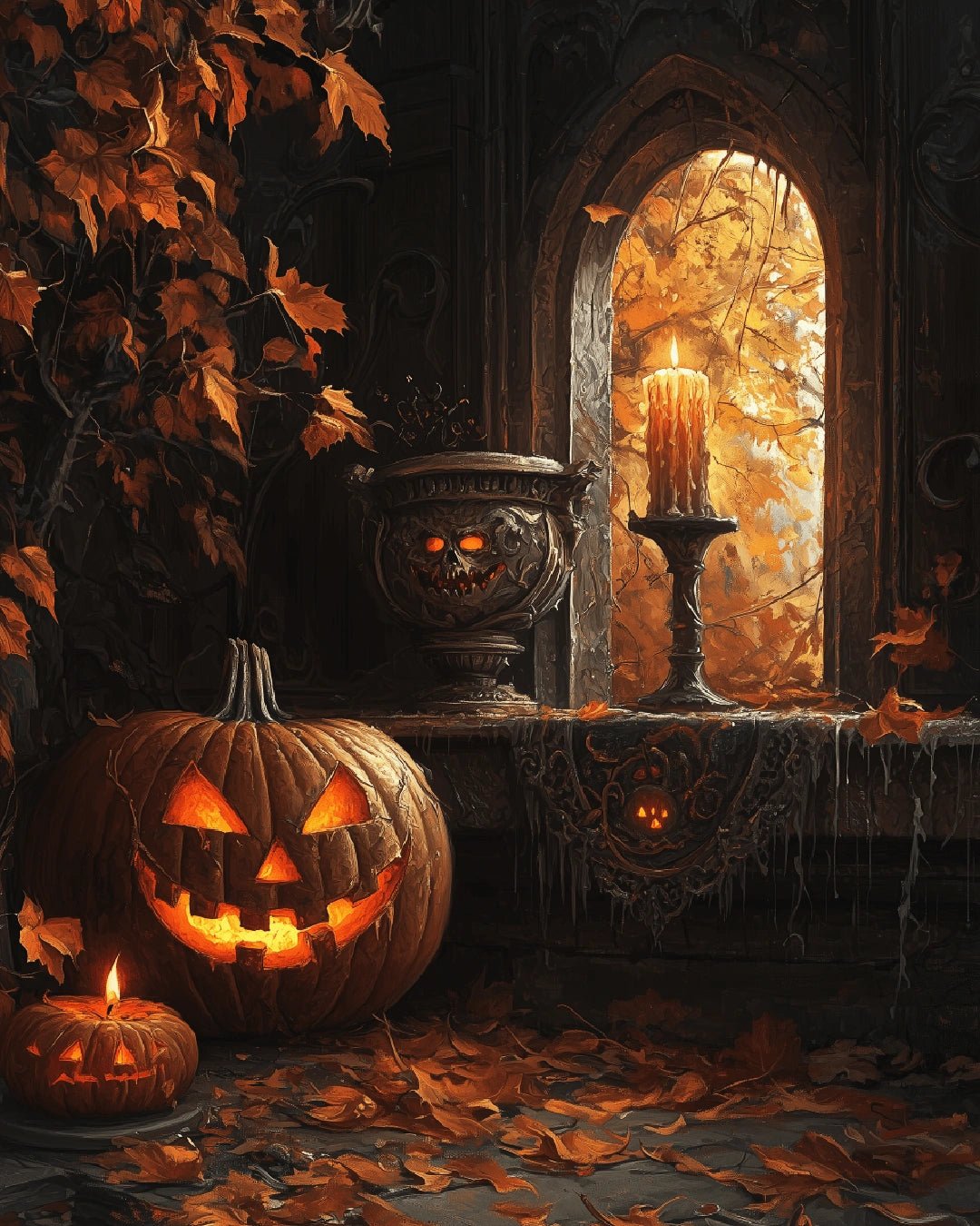 Autumn pumpkin paint by numbers kit canvas painting with candles, leaves, and warm window light