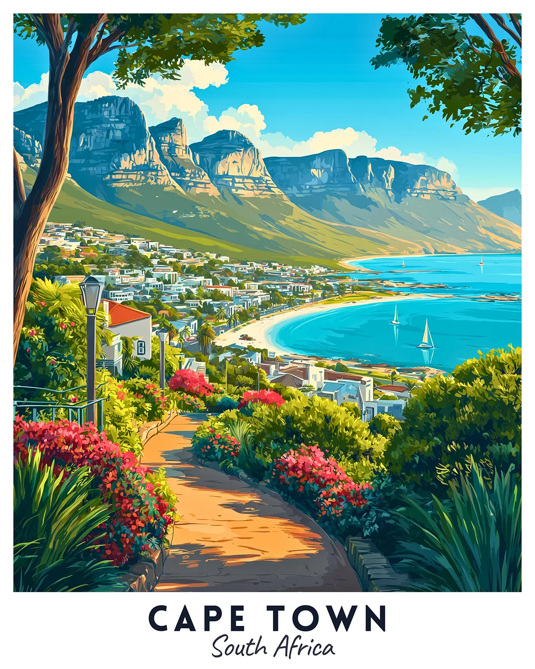 Cape Town Travel Poster Paint by Numbers Kit featuring Table Mountain, seaside homes, and blue coastal water