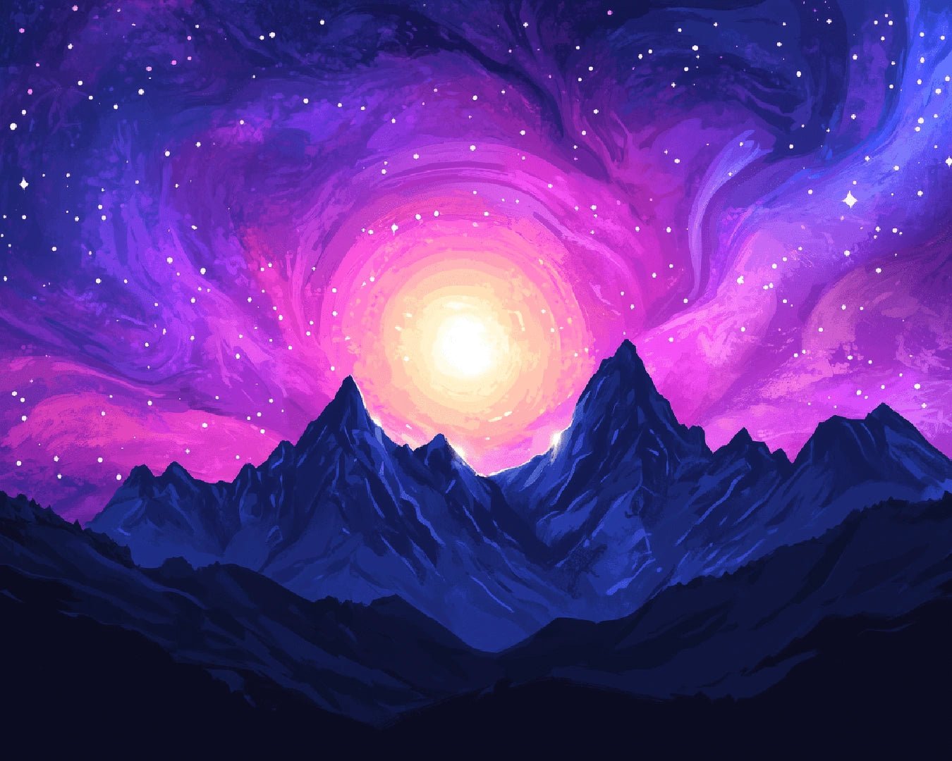 Mountain paint by numbers kit canvas painting showing fantasy cosmic peaks under radiant star light