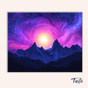 Clean artwork of the Celestial Awakening paint by numbers kit showing a radiant cosmic sky rising above dark mountain silhouettes by Tinta Canvas